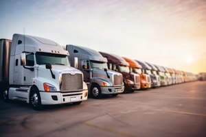 row of semi trucks parked under evening sky