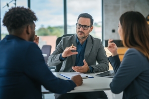 Agent Explaining Right Insurance Strategy to E-Commerce Business Owners