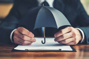 Businessman Holding Umbrella Over Retail Insurance Documents