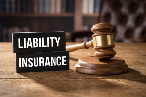 Liability Insurance Text with Judge Gavel on Wooden Desk