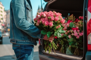 Man Loading Flower Bouquets in Delivery Van
