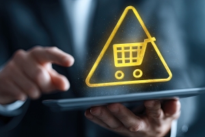 Person Interacting with Digital Alert Icon Representing Risks of E-Commerce