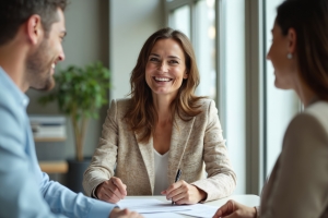 Smiling Insurance Agent Talking with E-Commerce Business Owners