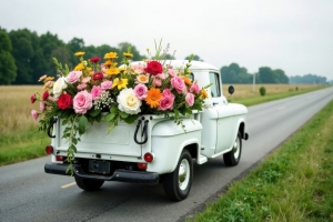 White Flower Delivery Truck on Rural Road