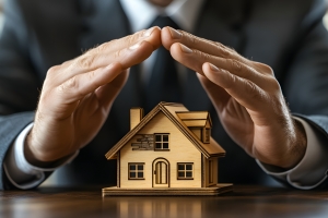 Hands Protecting Wooden Property Symbol Representing Property Insurance Concept