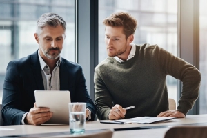 Business Owner Reviewing His Workers Compensation Policy with Insurance Agent at Tablet